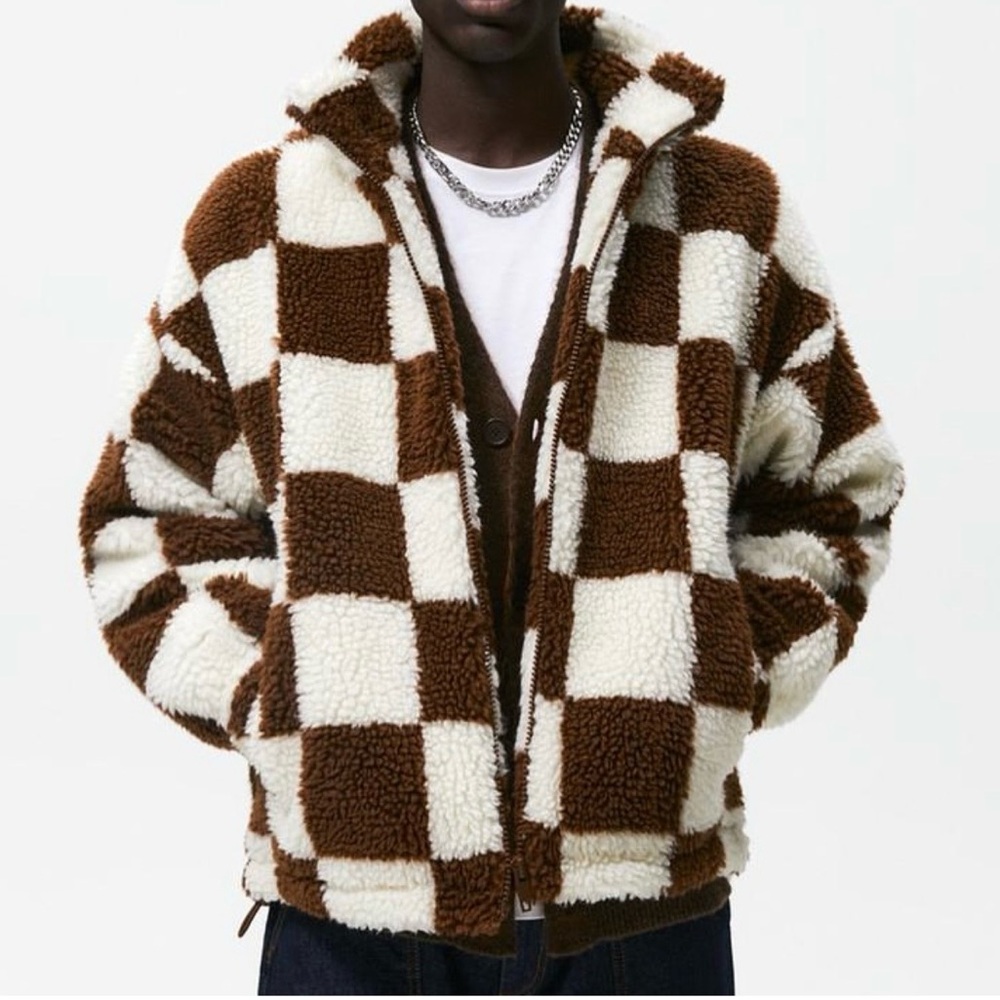 Zara Brown and Cream Checkered Zip-Up Sweater- Sherpa